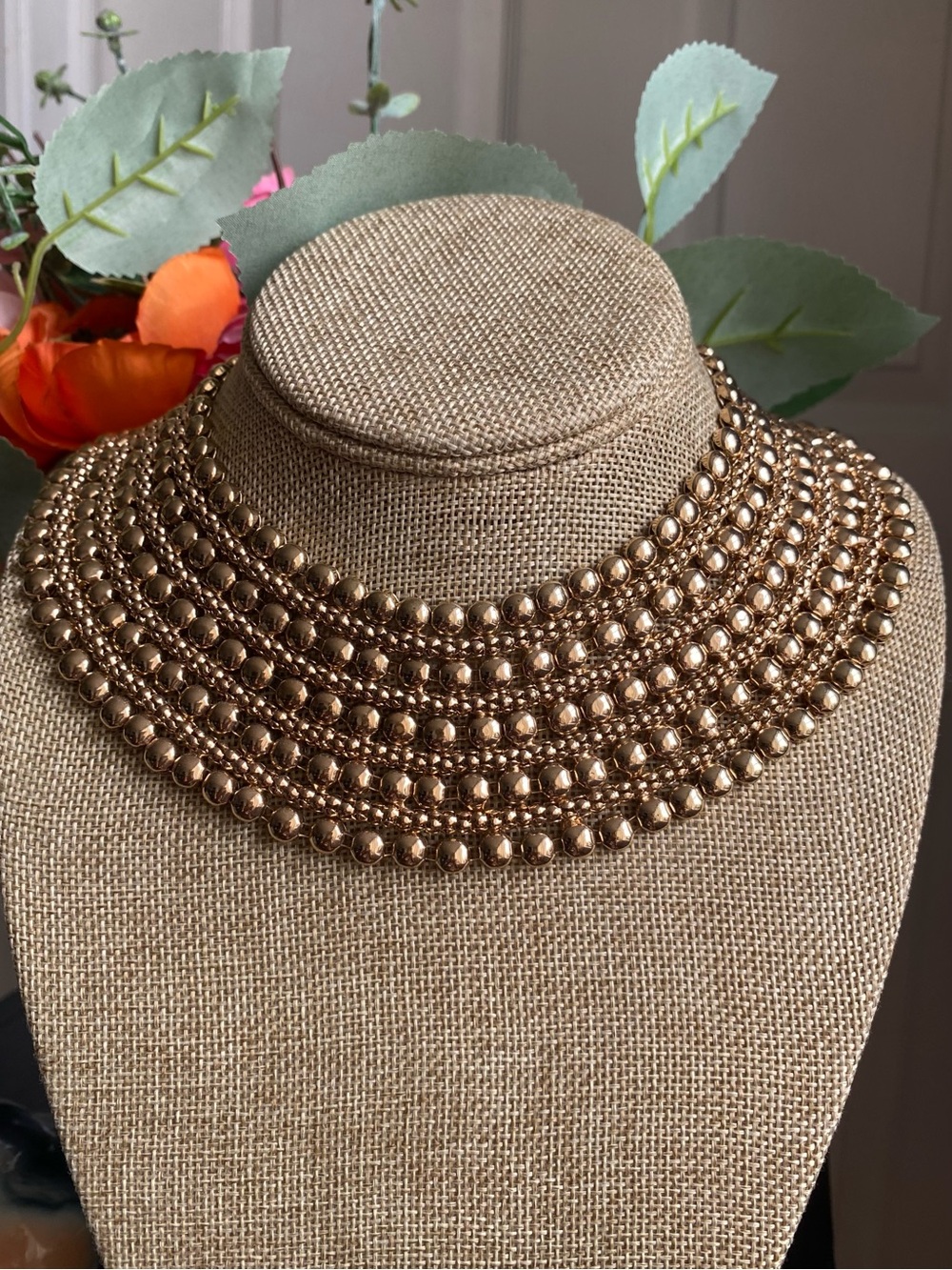 Gold Tone Multi-Row Beaded Statement Necklace